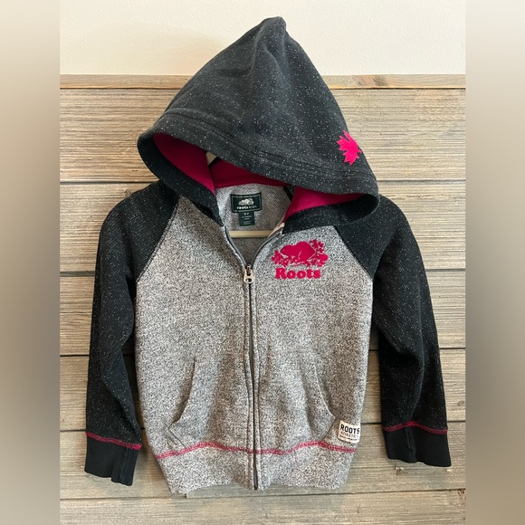 Roots Other - Roots Girls Grey & Black Zip Hoodie with Pink Logo